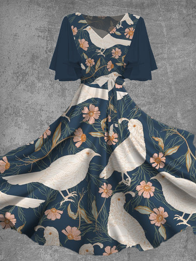 Elegantes, künstlerisches Damen-Midikleid mit Blumen- und Vogel-Print, V-Ausschnitt, kurzärmelig