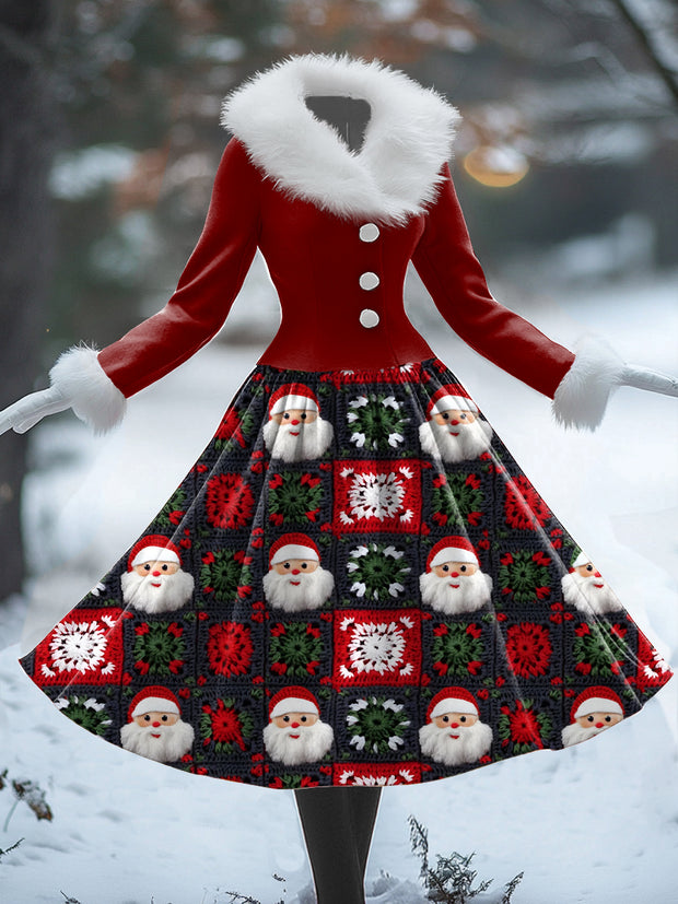 Christmas Santa Claus Art Print Vintage Elegant Fur Collar Long Sleeve Midi Dress