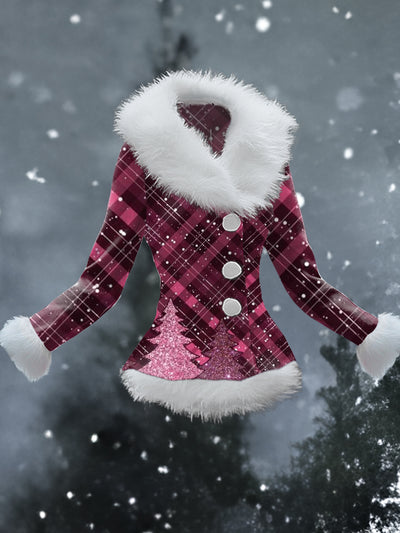 Christmas Red Plaid Art Print Vintage Fur Collar Long Sleeve Button Coat