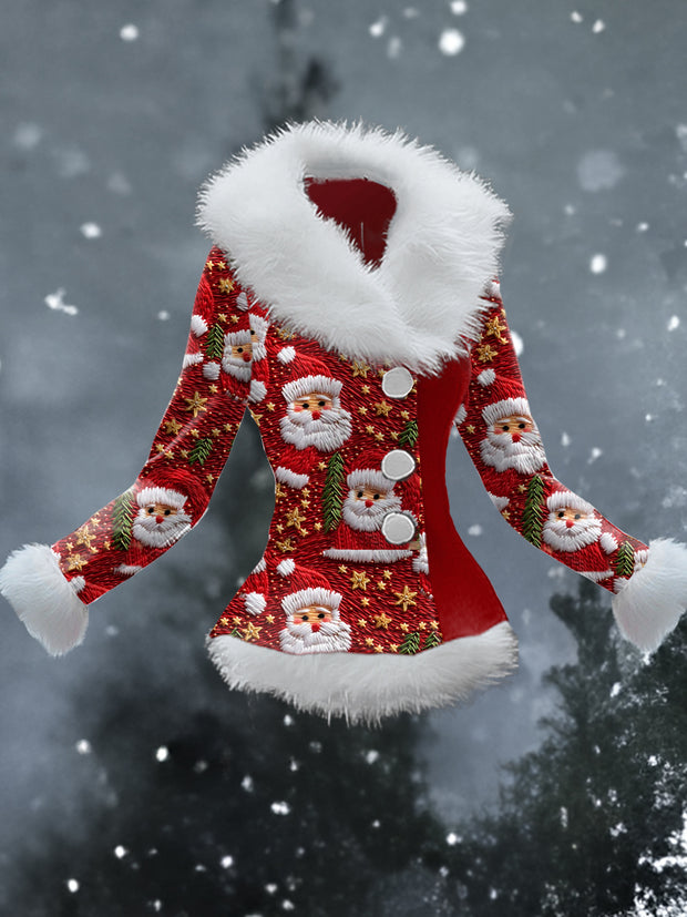 Christmas Santa Claus Art Print Vintage Fur Collar Long Sleeve Button Coat