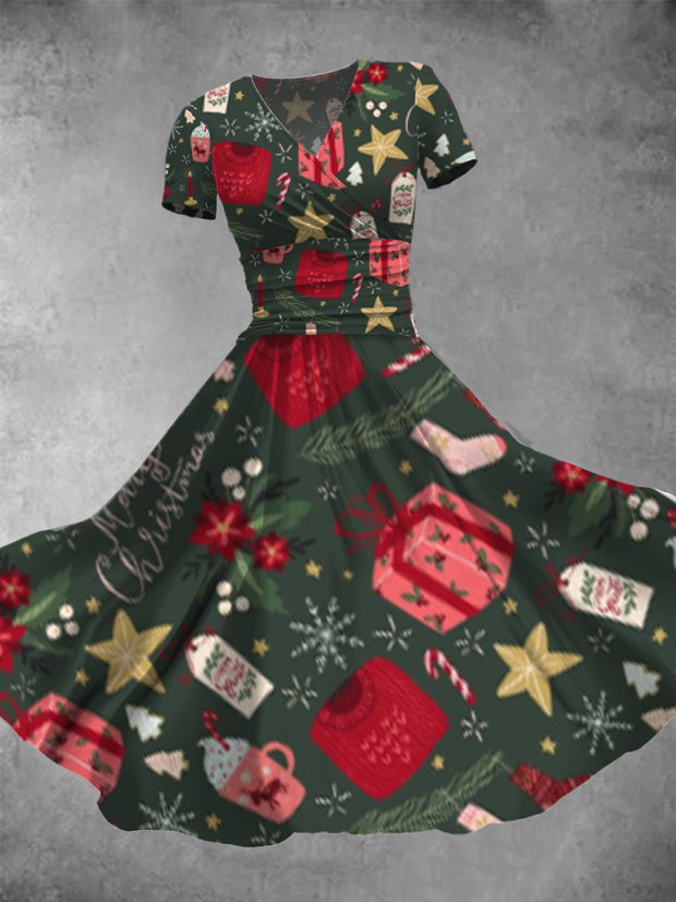 Women's Fashion Elegant Christmas Art Print Short Sleeve V Neck Midi Dress