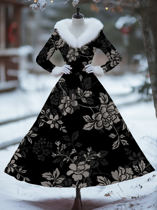 Women Fashion Elegant Artistic Floral Print Long Sleeve V Neck Fur Collar Maxi Dress Coat