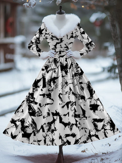 Abstract Color Print Vintage Elegant Fur Collar Long Sleeve Midi Dress