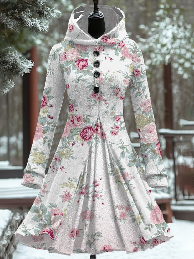 Women Fashion Elegant Art Floral Print Long Sleeve Button Hooded Fake Two Piece Mini Dress