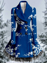 Floral Print Vintage Elegant Lapel V-Neck Button Up Long Sleeve Coat Dress