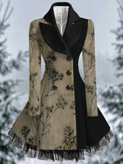 Floral Print Vintage Elegant Lapel V-Neck Button Up Long Sleeve Coat Dress