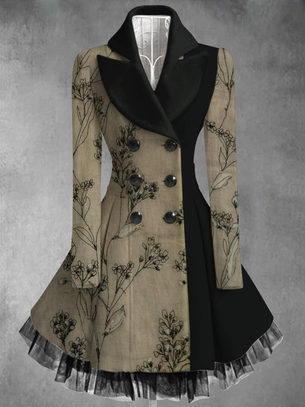 Floral Print Vintage Elegant Lapel V-Neck Button Up Long Sleeve Coat Dress