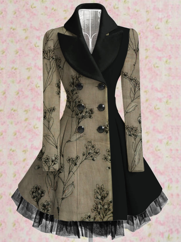 Floral Print Vintage Elegant Lapel V-Neck Button Up Long Sleeve Coat Dress