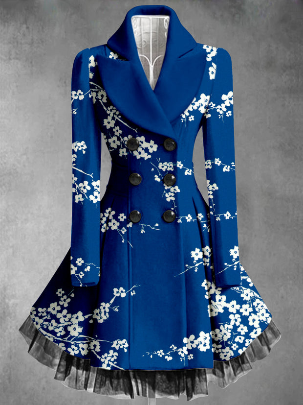 Floral Print Vintage Elegant Lapel V-Neck Button Up Long Sleeve Coat Dress