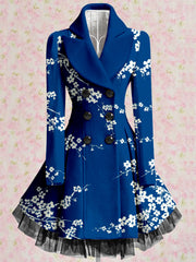 Floral Print Vintage Elegant Lapel V-Neck Button Up Long Sleeve Coat Dress