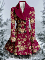 Floral Print Vintage Elegant Lapel V-Neck Button Up Long Sleeve Coat Dress