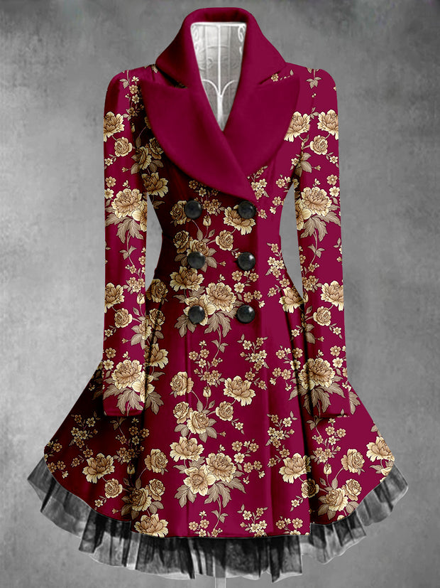 Floral Print Vintage Elegant Lapel V-Neck Button Up Long Sleeve Coat Dress