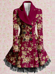 Floral Print Vintage Elegant Lapel V-Neck Button Up Long Sleeve Coat Dress