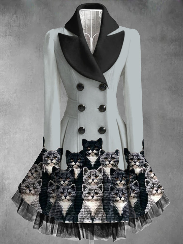 Cats Art Print Vintage Elegant Lapel V-Neck Button Up Long Sleeve Coat Dress