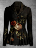 Retro Floral Print Vintage Elegant Lapel V-Neck Button Up Long Sleeve Top