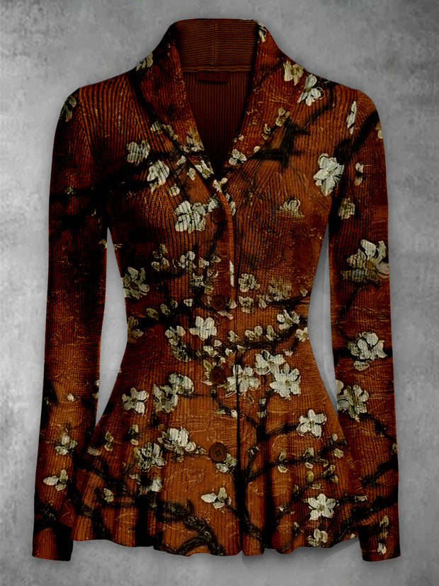 Retro Floral Print Vintage Elegant Lapel V-Neck Button Up Long Sleeve Top