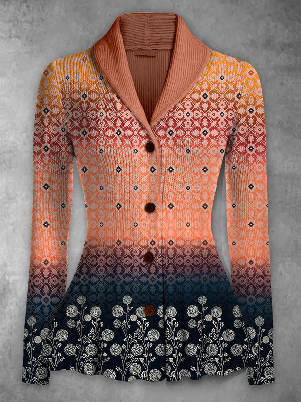 Boho Art Print Vintage Elegant Lapel V-Neck Button Up Long Sleeve Top