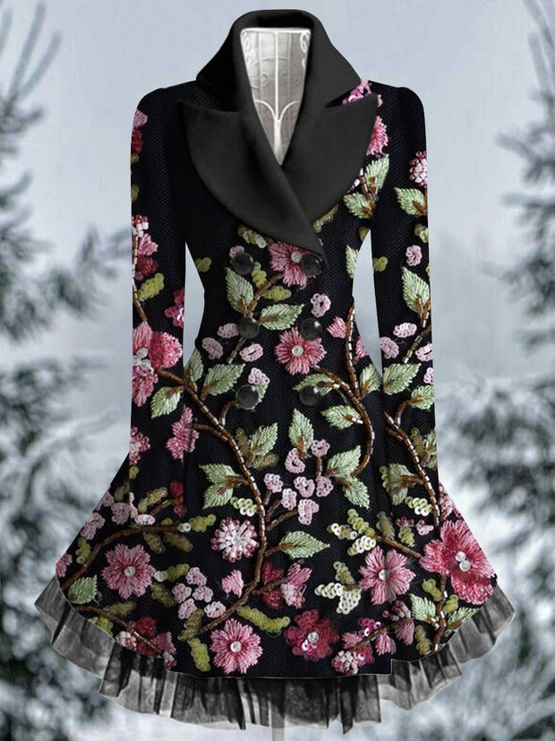 Floral Print Vintage Elegant Lapel V-Neck Button Up Long Sleeve Coat Dress