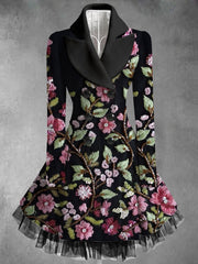 Floral Print Vintage Elegant Lapel V-Neck Button Up Long Sleeve Coat Dress