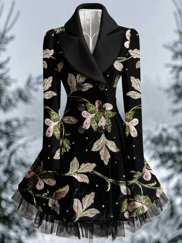 Floral Print Vintage Elegant Lapel V-Neck Button Up Long Sleeve Coat Dress