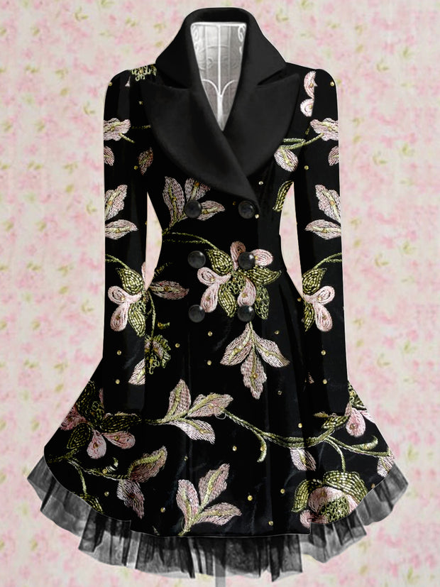 Floral Print Vintage Elegant Lapel V-Neck Button Up Long Sleeve Coat Dress