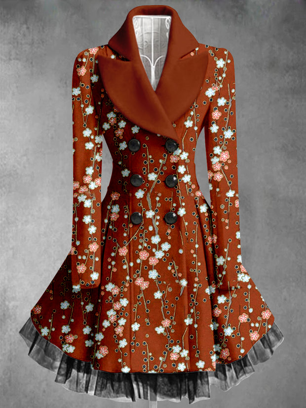 Floral Print Vintage Elegant Lapel V-Neck Button Up Long Sleeve Coat Dress