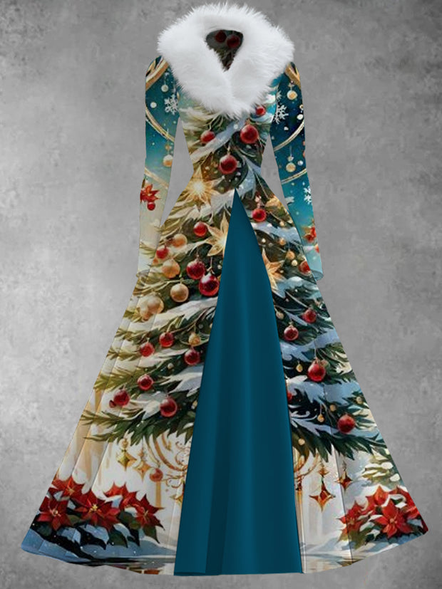 Christmas Tree Art Print Vintage Elegant V-Neck Fur Collar Long Sleeve Midi Dress