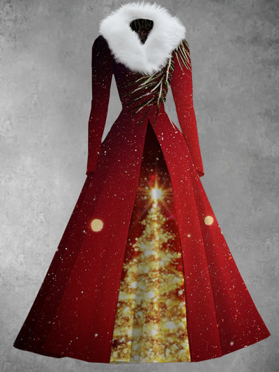 Christmas Tree Art Print Vintage Elegant V-Neck Fur Collar Long Sleeve Midi Dress