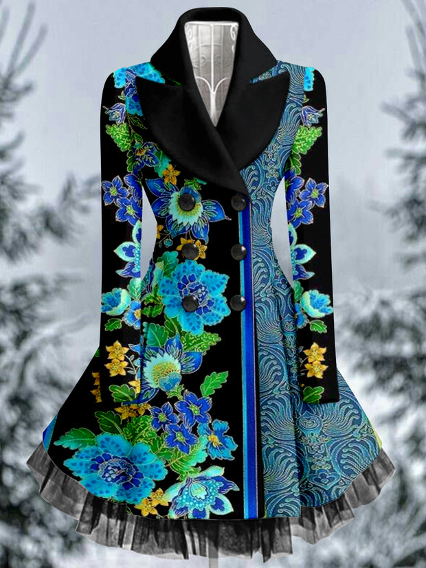 Retro Floral Art Print Vintage Elegant Lapel V-Neck Button Up Long Sleeve Coat Dress