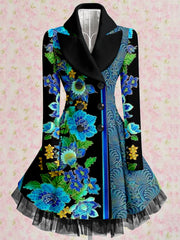 Retro Floral Art Print Vintage Elegant Lapel V-Neck Button Up Long Sleeve Coat Dress