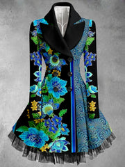 Retro Floral Art Print Vintage Elegant Lapel V-Neck Button Up Long Sleeve Coat Dress