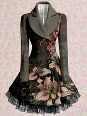 Retro Floral Art Print Vintage Elegant Lapel V-Neck Button Up Long Sleeve Coat Dress