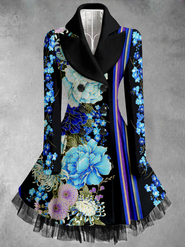 Retro Floral Art Print Vintage Elegant Lapel V-Neck Button Up Long Sleeve Coat Dress