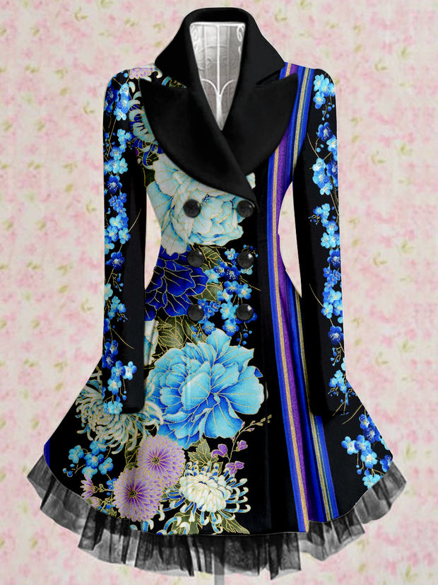 Retro Floral Art Print Vintage Elegant Lapel V-Neck Button Up Long Sleeve Coat Dress