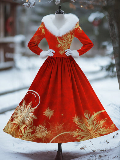 Christmas Art Print Vintage Elegant Fur Collar Long Sleeve Midi Dress