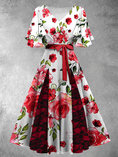 Retro Floral Art Printed V-Neck Vintage Chic Strap Short Sleeve Midi Dress