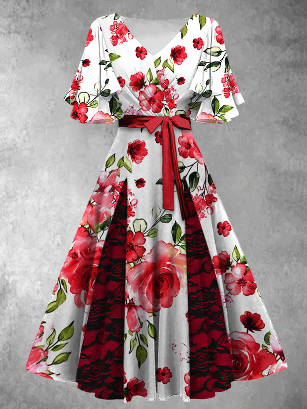 Retro Floral Art Printed V-Neck Vintage Chic Strap Short Sleeve Midi Dress