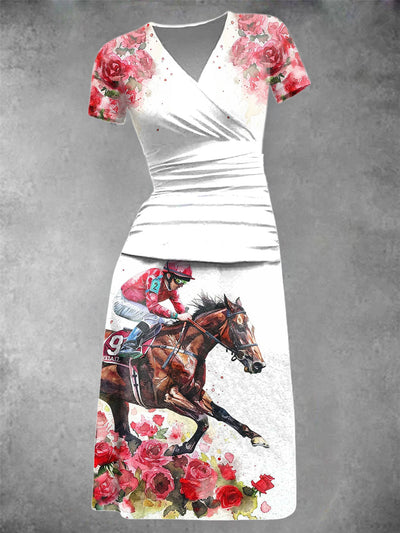 Women's Derby Rose Art Print Short Sleeve Vintage Midi Dress