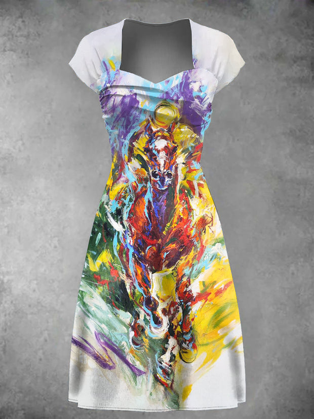 Women's Derby Horse Oil Painting Print Dress