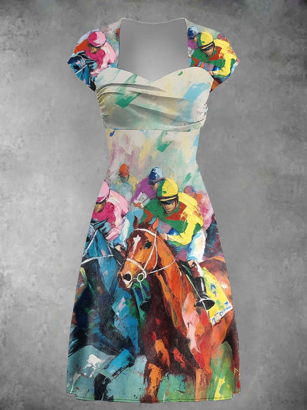 Women's Derby Art Print Short Sleeve Vintage Midi Dress