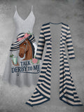Derby Art Print Vintage Elegant Suspender Dress Two Piece Sets