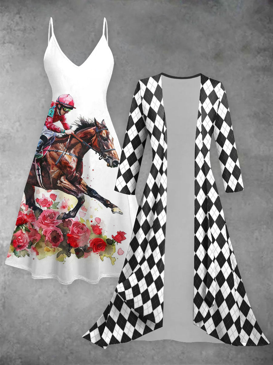 Derby Art Print Vintage Elegant Suspender Dress Two Piece Sets