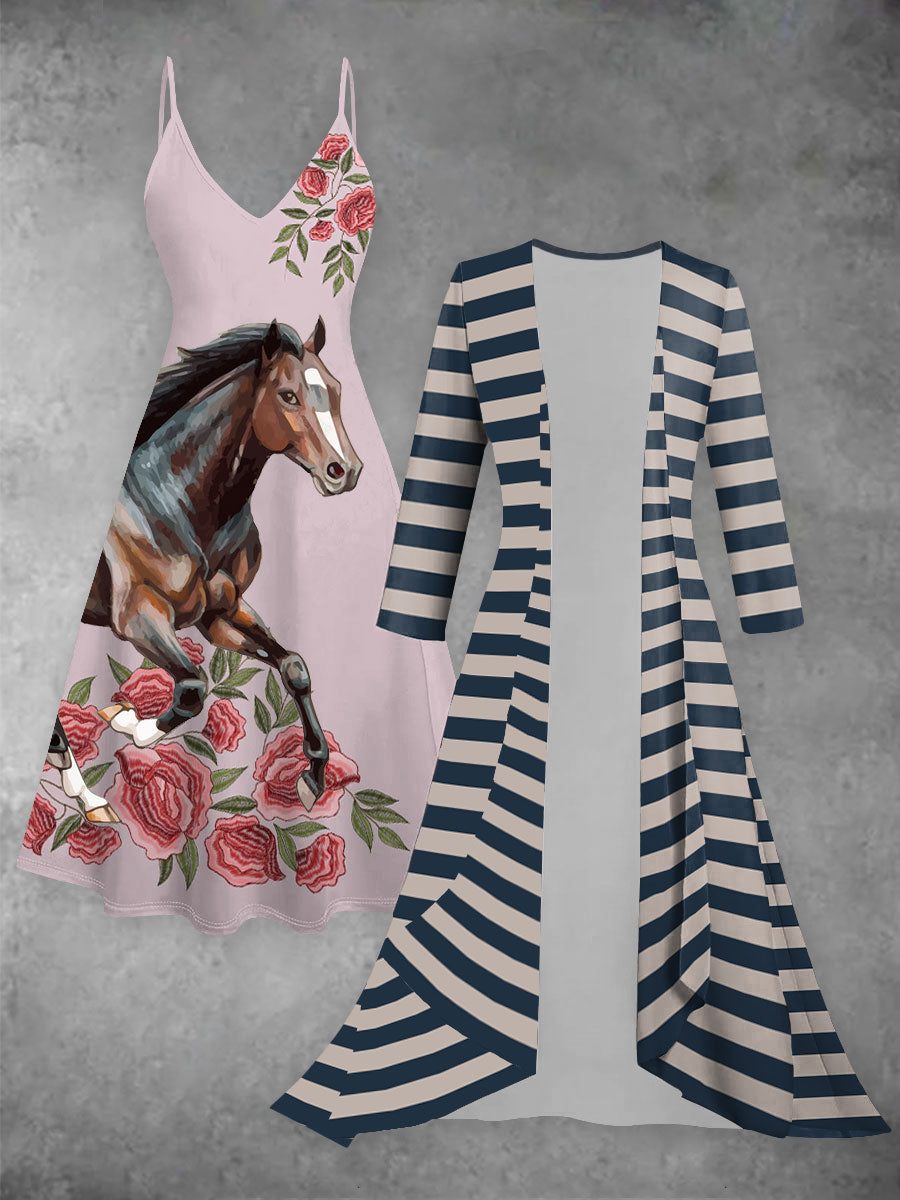 Derby Art Print Vintage Elegant Suspender Dress Two Piece Sets
