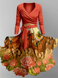 Retro Dreby Horse Art Printed Vintage Unique Slim Fit Cross Wrap Long Sleeve Two-Piece Midi Dress