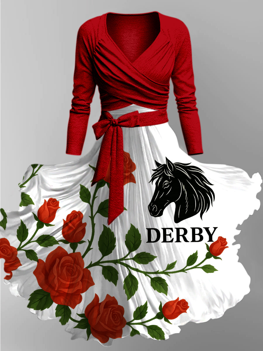 Retro Dreby Horse Art Printed Vintage Unique Slim Fit Cross Wrap Long Sleeve Two-Piece Midi Dress