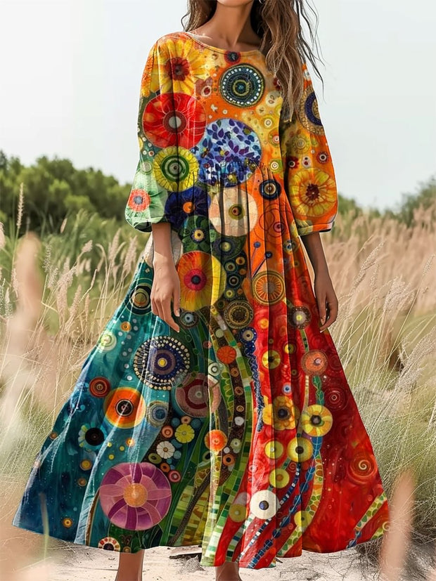 Vintage Floral Art Print Round Neck Long Sleeve Midi Dress