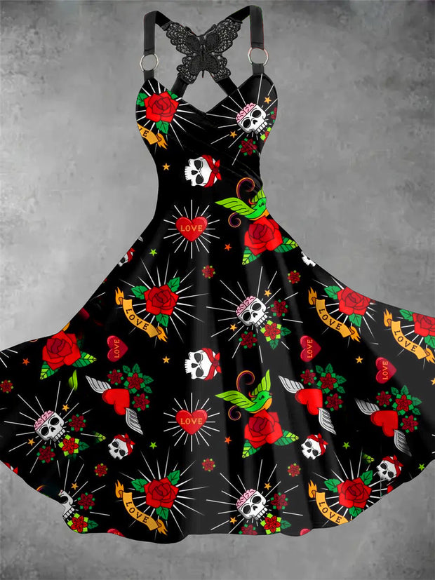 Skull Floral Art Print Vintage Suspender Dress