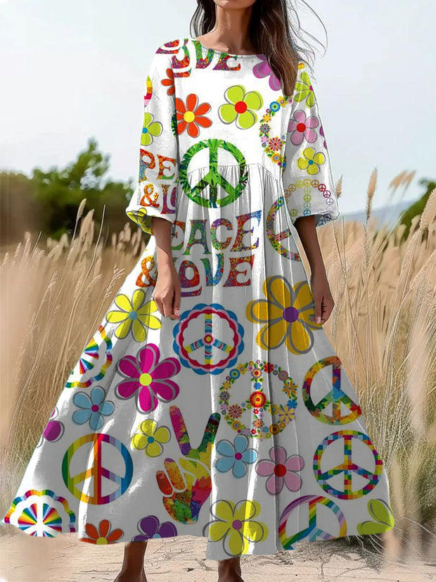 Retro Hippie Art Print Round Neck Long Sleeve Midi Dress