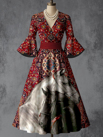 Horse Art Print V-Neck Flare Sleeve Vintage Elegant Dress