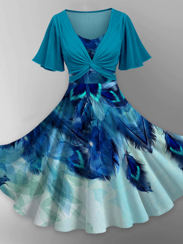 Peacock Feather Art Print Short Sleeve Vintage Two-Piece Midi Dress
